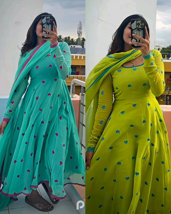Designed to Make you feel Like a Queen.This perfect gift for your ๐.This heart Anarkali made with premium Georgette with beautiful heart embroidery ๐ - Teal, M