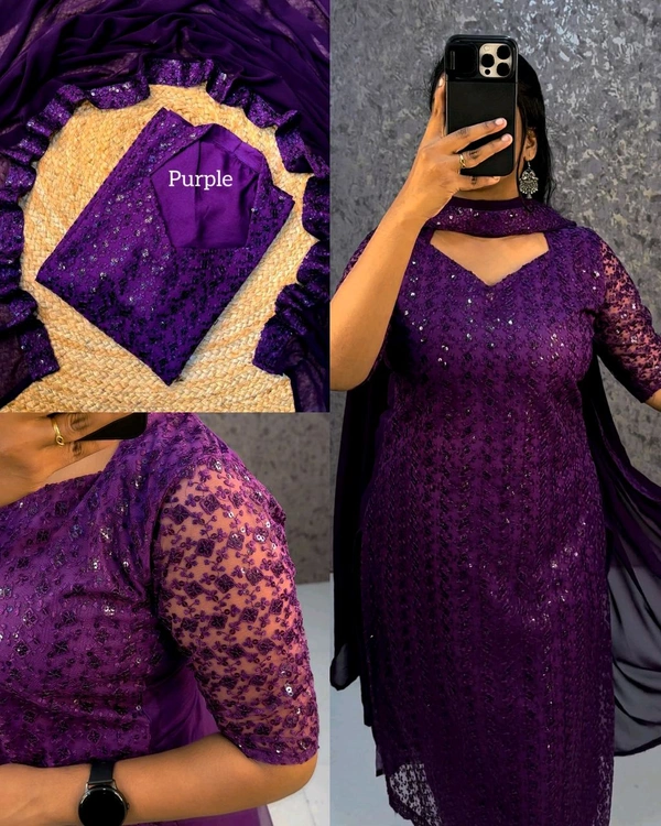 Trendy Net Embroidered kurti + dupata - 3XL, Purple