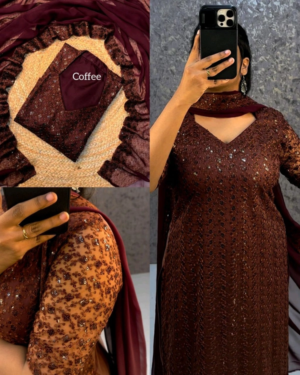 Trendy Net Embroidered kurti + dupata - 3XL, Coffee