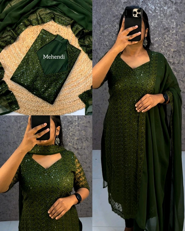 Trendy Net Embroidered kurti + dupata - 3XL, Mehendi