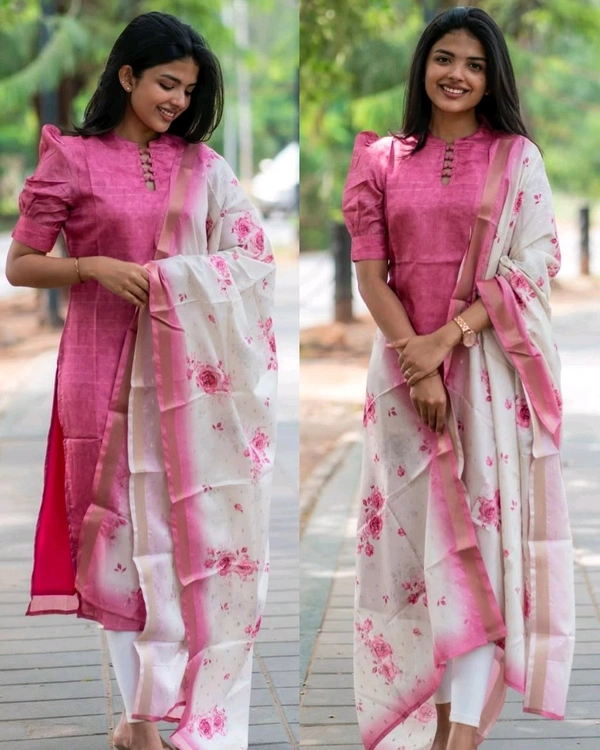 Chanderi Straight Button Detailed Neck Puff Sleeve Straight Calf Length Kurta Organza Digital Printed Dupatta - S