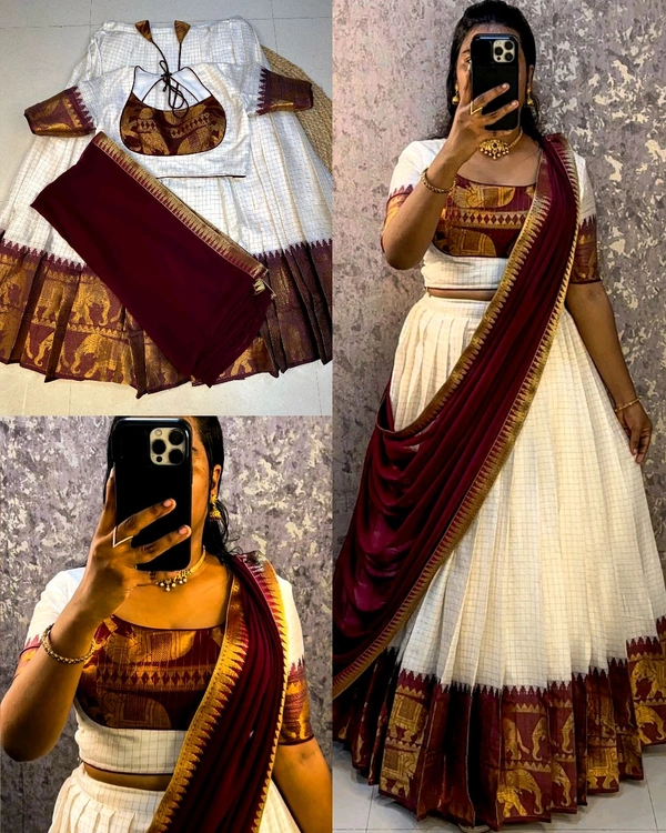 Launching white lehenga with wine zari border suitable for your onam festival
- S