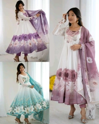 Classic floral printed organza anarkali suit set for the upcoming festivities and wedding season - Onion Pink, XS