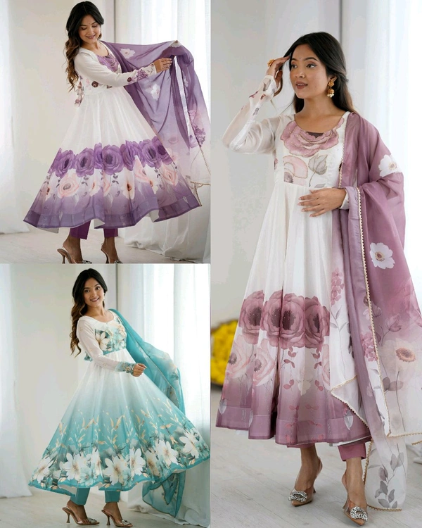 Classic floral printed organza anarkali suit set for the upcoming festivities and wedding season - Onion Pink, XS