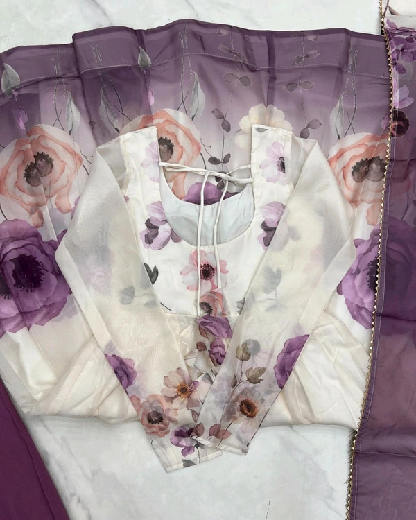 Classic floral printed organza anarkali suit set for the upcoming festivities and wedding season - Violet, M