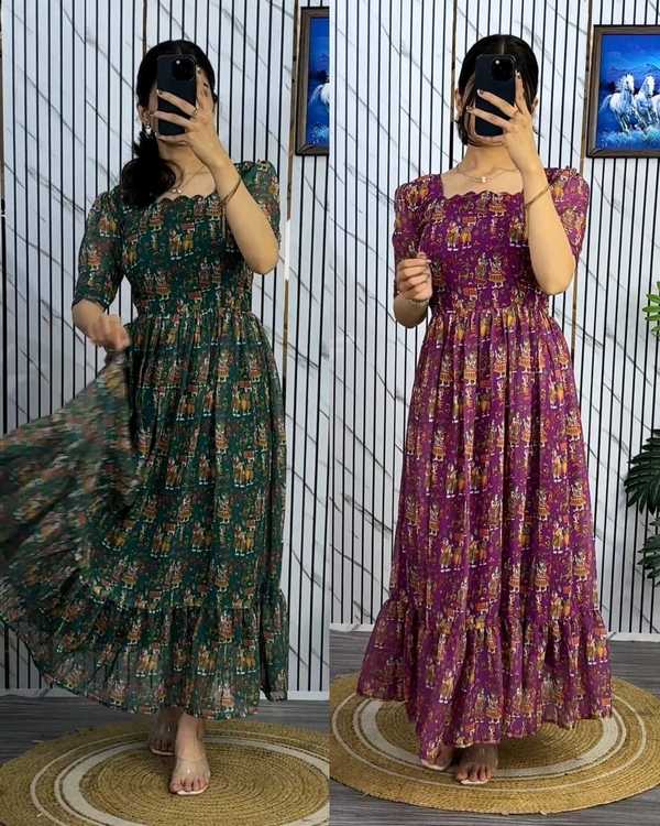 Traditional Kalamkari Premium Quality maxi gown - Green, L