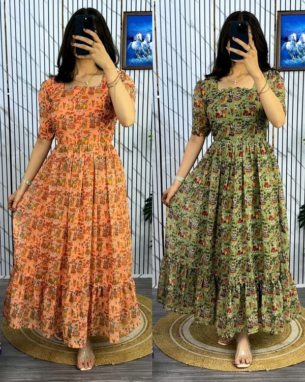Traditional Kalamkari Premium Quality maxi gown - Neon Carrot, 2XL