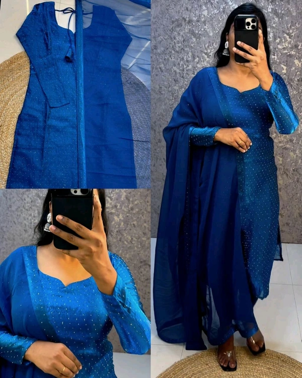 This kurti made with premium soft space silk with diamond work and matching soft georgette dupatta with 4 side lace broder
- Blue, S