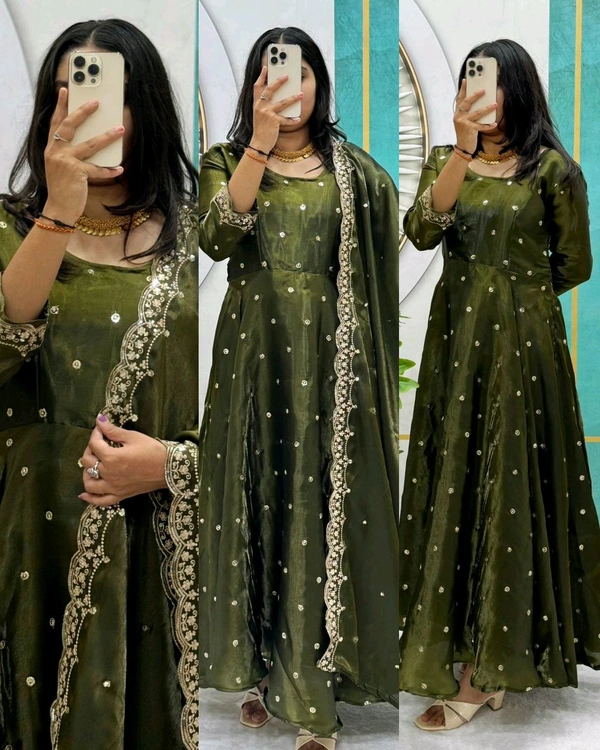 Trending Beautiful Soft Space Silk Sequins Embroidery Gown With Dupatta, elegance Look For Festive Season
- Green, L