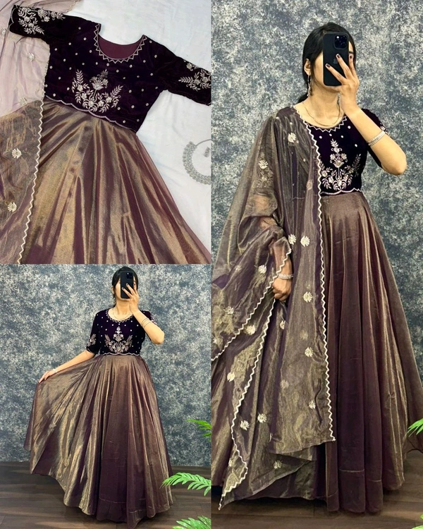 Trendy Pretty Womens Gown With Dupatta - Wine, L