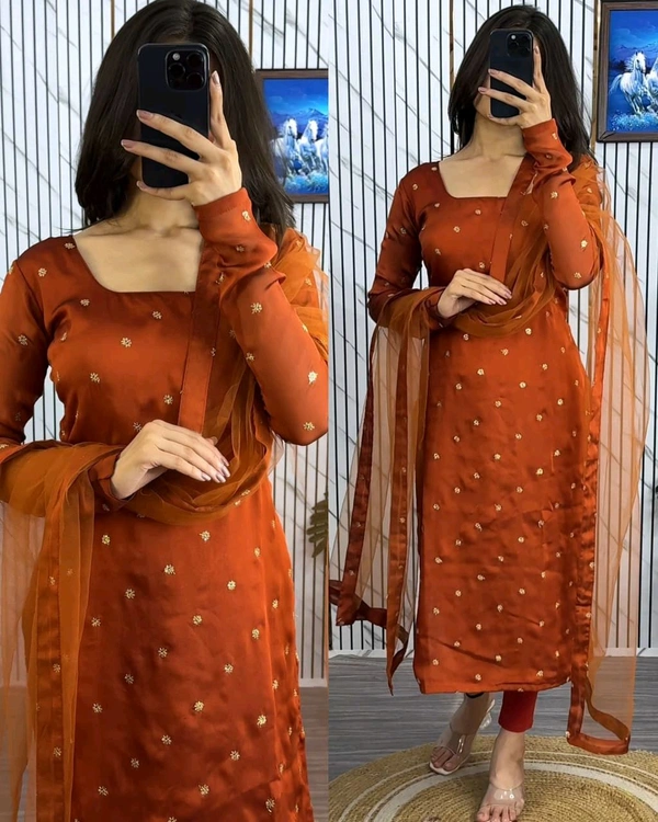 Trendy breathable & stylish Kurti With Duppatta - Hot Cinnamon, L