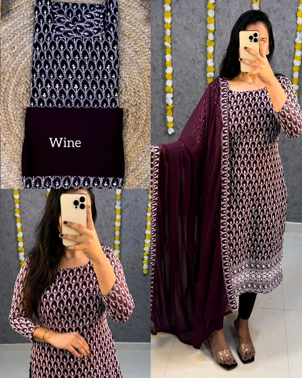 New Launching chikankari Side knot kurti + dupata only - Wine, S
