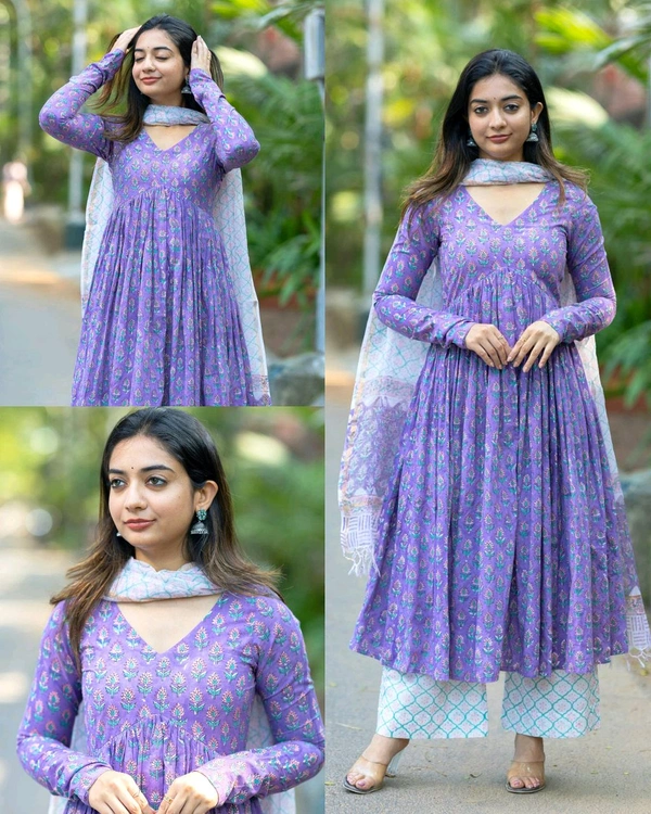 Stylish Women Printed Anarkali Kurta and Pant Set with Dupatta
- Purple, S
