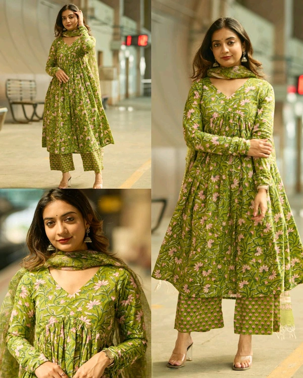 Stylish Women Printed Anarkali Kurta and Pant Set with Dupatta
- Green, XL