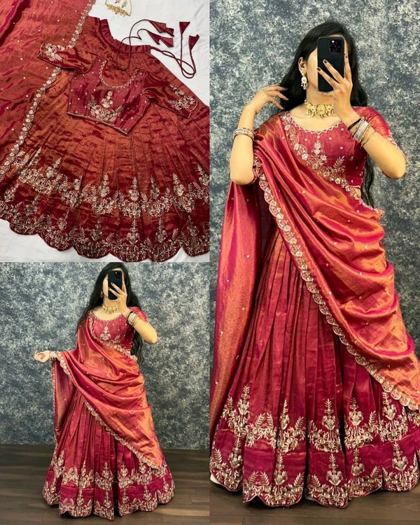 FESTIVEL LEHENGA ORIGINAL SOUTH TISSUE WITH EMBROIDERY & SEQUENCE WORK - Burnt Umber, Free Size
