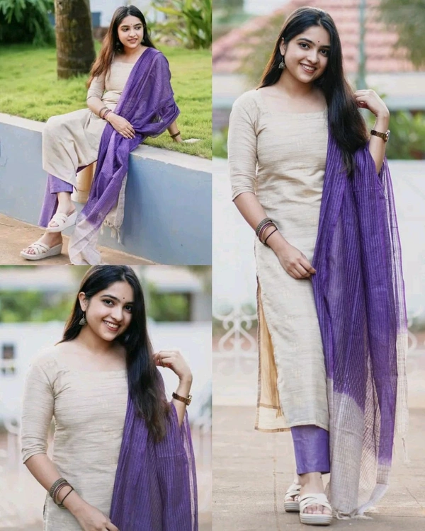 Attractive Women's Beige Colour Cotton Blend Kurta Set - L
