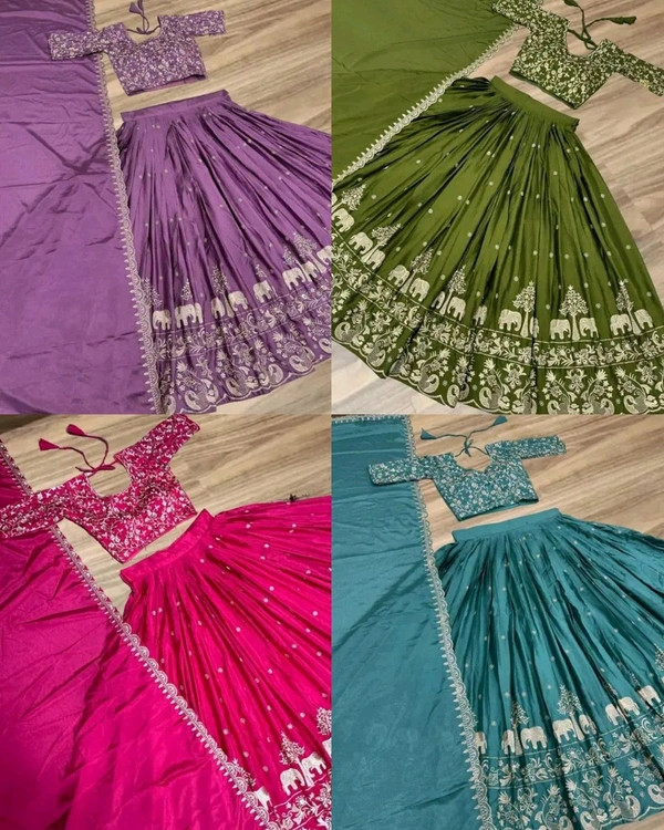 Beautiful Designer Traditional Chinon Silk Heavy Embroidery Work Lehenga - Verdun Green, Semi Stitched