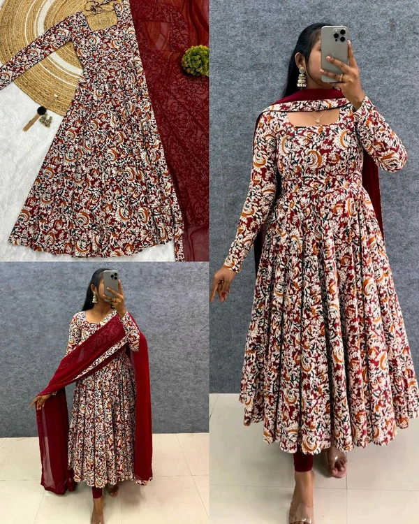 Traditional Kalamkari Graceful Anarkali crafted with modern elegance
 - Maroon, S