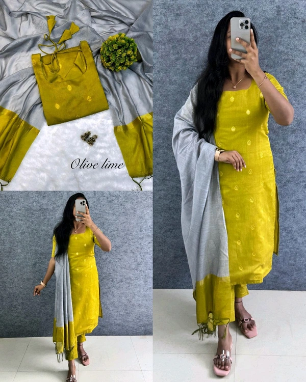 Elevate your style with this stunning pure silk cotton (Kurti+pant+dupatta) set ethinicwear outfit🥰 - Olive Lime, L