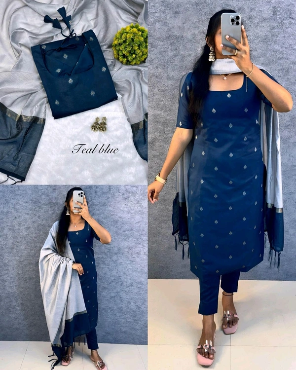 Elevate your style with this stunning pure silk cotton (Kurti+pant+dupatta) set ethinicwear outfit🥰 - Teal Blue, 2XL