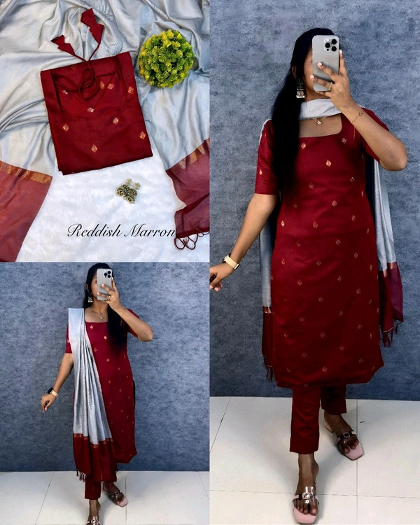 Elevate your style with this stunning pure silk cotton (Kurti+pant+dupatta) set ethinicwear outfit🥰 - Reddish Maroon, L