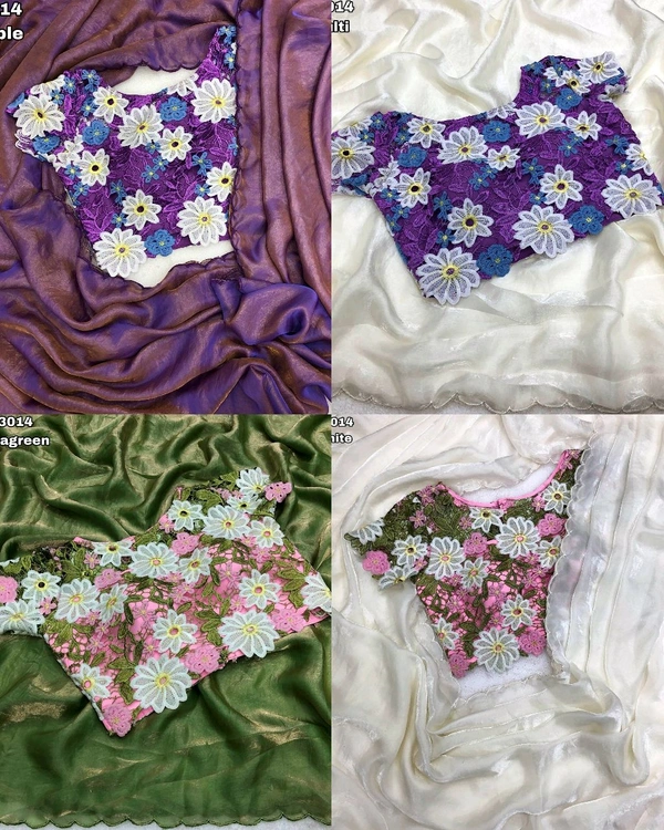 Trendy Soft & smooth space silk fendy satin plain shining saree with embroidery work scalloped cutwork border - White & Purple 2nd, Free Size