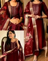 Trendy Embroidered Kurta With Printed Dupatta And pant - Jungle Mist, XS