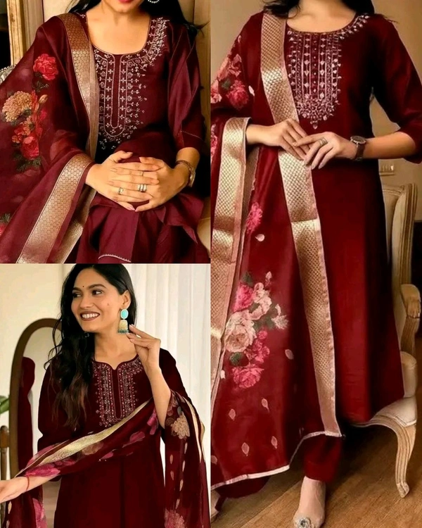 Trendy Embroidered Kurta With Printed Dupatta And pant - Maroon, 3XL
