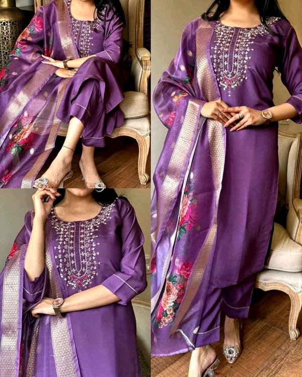 Trendy Embroidered Kurta With Printed Dupatta And pant - Purple, 5XL