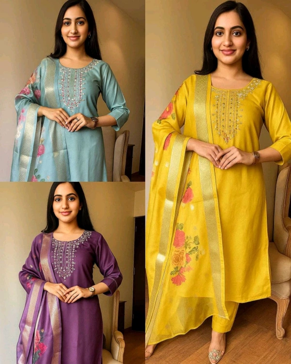 Trendy Embroidered Kurta With Printed Dupatta And pant - Yellow, L