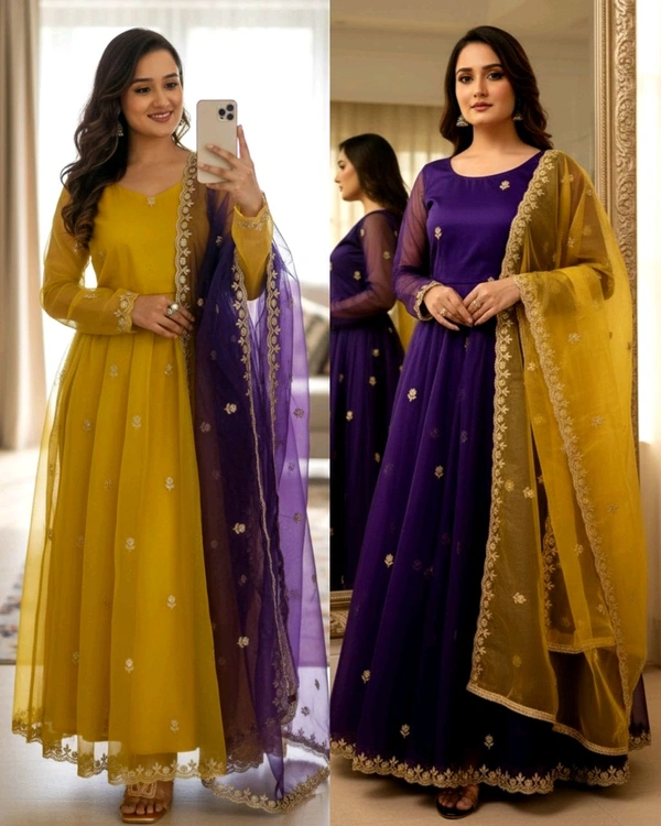 Elegant Partywear Net Gown with Embroidered Dupatta - Purple, S