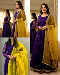 Elegant Partywear Net Gown with Embroidered Dupatta - Purple, L