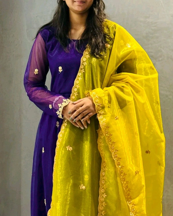Elegant Partywear Net Gown with Embroidered Dupatta - Purple, 2XL