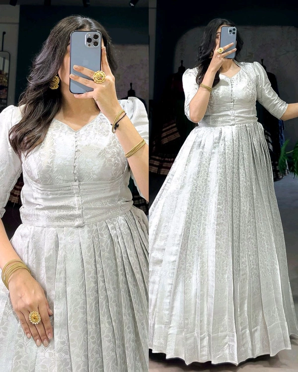 Gown With Coat, Draped in culture, twirling in style. - Silver, Free Size