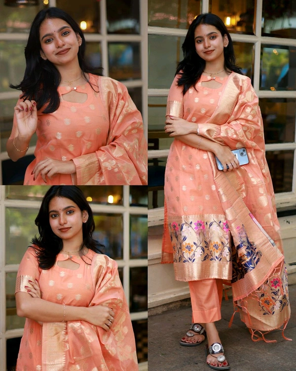 TRENDY BANRASI SILK STICHED WOMEN SUIT - Peach Orange, M