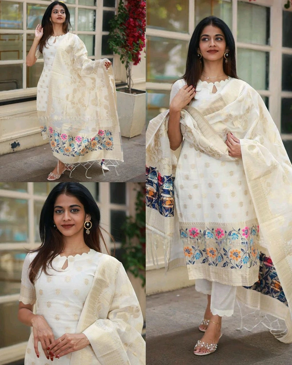 TRENDY BANRASI SILK STICHED WOMEN SUIT - White, M