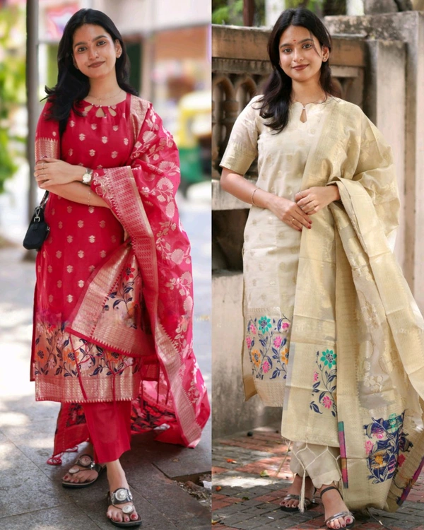 TRENDY BANRASI SILK STICHED WOMEN SUIT - Cream White, L