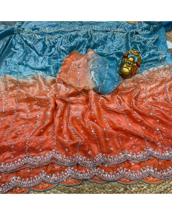 Trendy the luxurious and glamorous super hand work saree - Eastern Blue With Orange, Free Size
