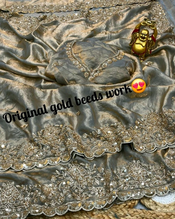 Launch Grand party wear saree in original gold beeds work - Free Size