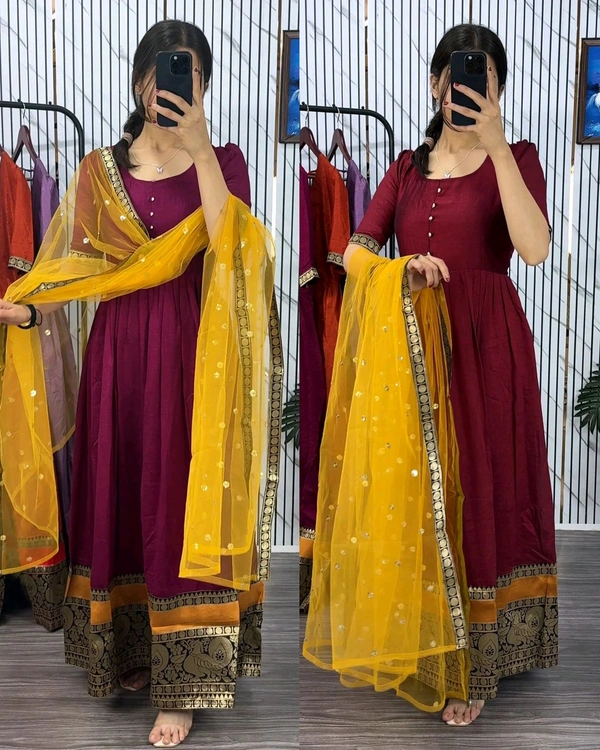 Draped in the rich elegance of anarkali with stunning traditional borders. Feeling regal and ready for the festivities!
- Maroon, XL