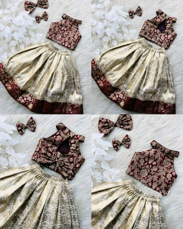 Beautiful Banarasi Silk Lehenga Choli Set - Maroon, 13-14 Years