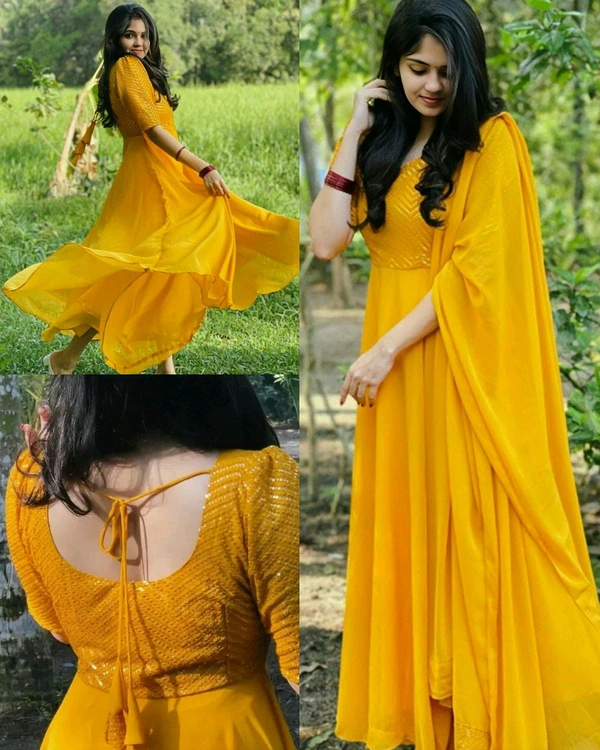 Stylish Partywear Gown with Dupatta - Yellow, L