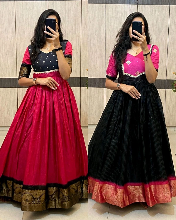 Trendy Tradational Soft and shiny long gown with zari pattu - Black, L
