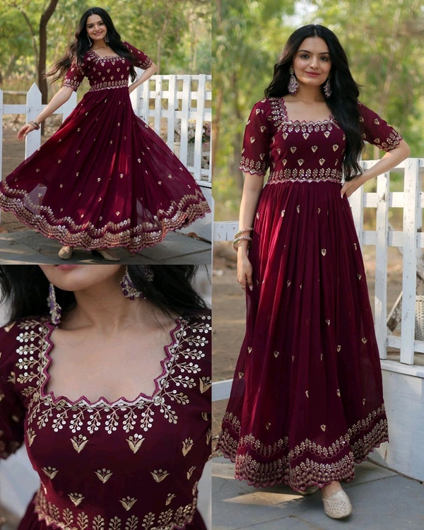 Designer Gown is luxury clothing Considered to be high quality Made by Zari-Thread & Sequins Embroidery - Wine, M