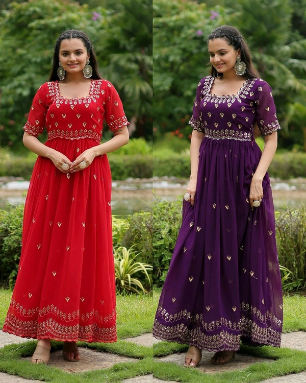 Designer Gown is luxury clothing Considered to be high quality Made by Zari-Thread & Sequins Embroidery - Red, L