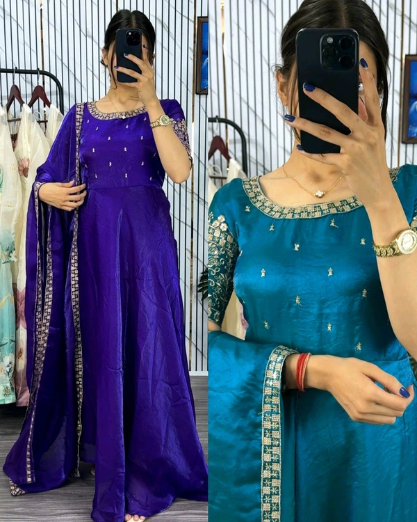 Super Trendy Soft, Breathable Gown With Duppata dress with stunning Embroidery Work , delicate design - Purple With Blue shade, XL