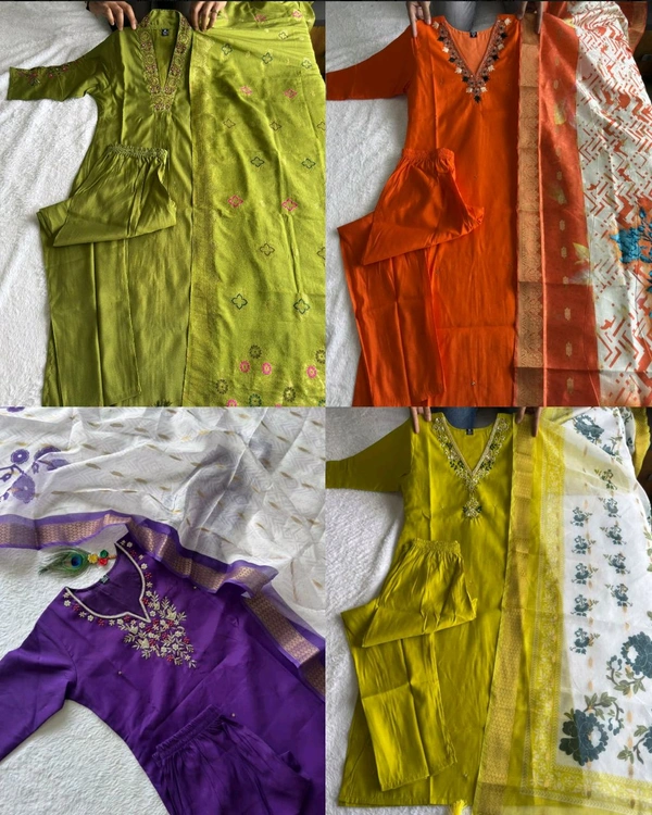 Trendy Handwork Launching New Designers Kurti Pant Dupatta Set - Olive Green, 2XL