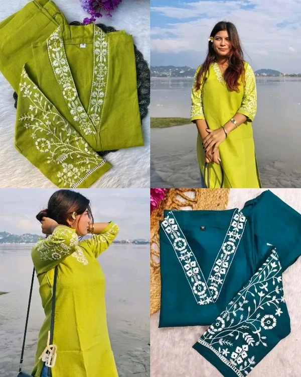 TRENDY V NECK EMBRODERY KURTA With BOTTOM - Orient, L