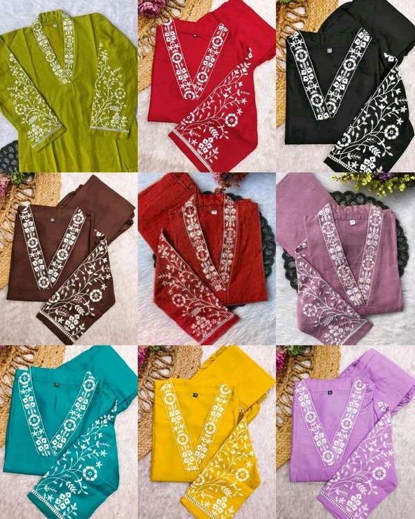 TRENDY V NECK EMBRODERY KURTA With BOTTOM - Black, S