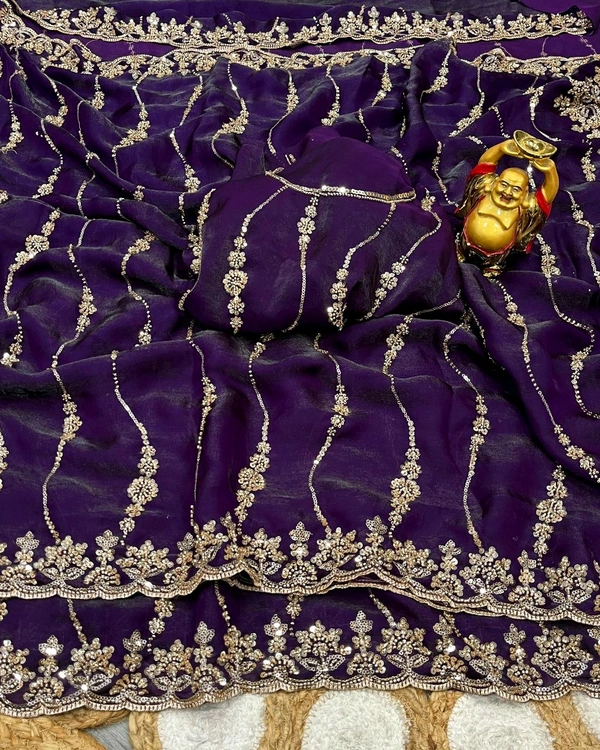 Launch Grand party wear saree in original gold beeds work - Maroon, Free Size